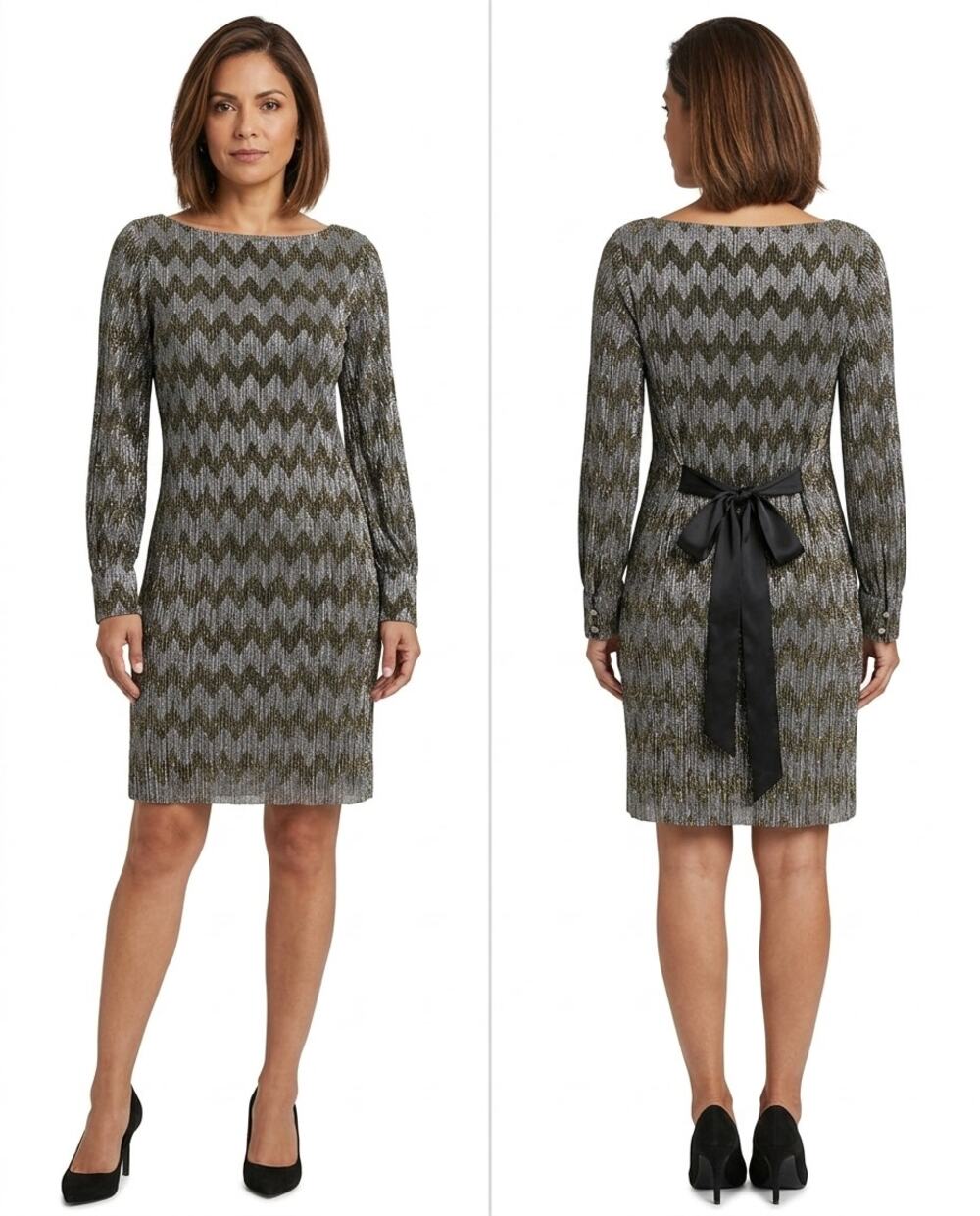 Banana Republic Metallic Chevron Long Sleeve Boat Neck Dress Women Size 8P